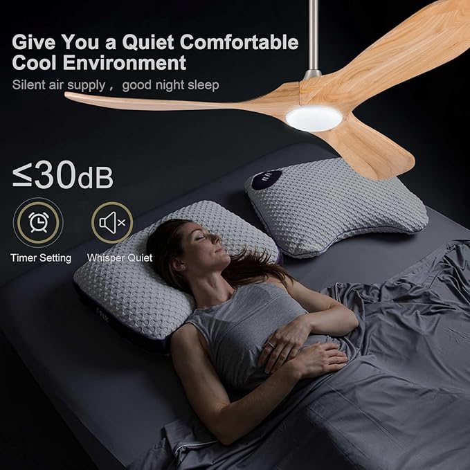52 Inch Solid Wood Ceiling Fans with Lights and Remote Control,6 Speeds,Noiseless,Reversible DC Motor,Modern Ceiling Fan with Light for Indoor/Outdoor Bedroom,Patios(Natural Wood Grain)