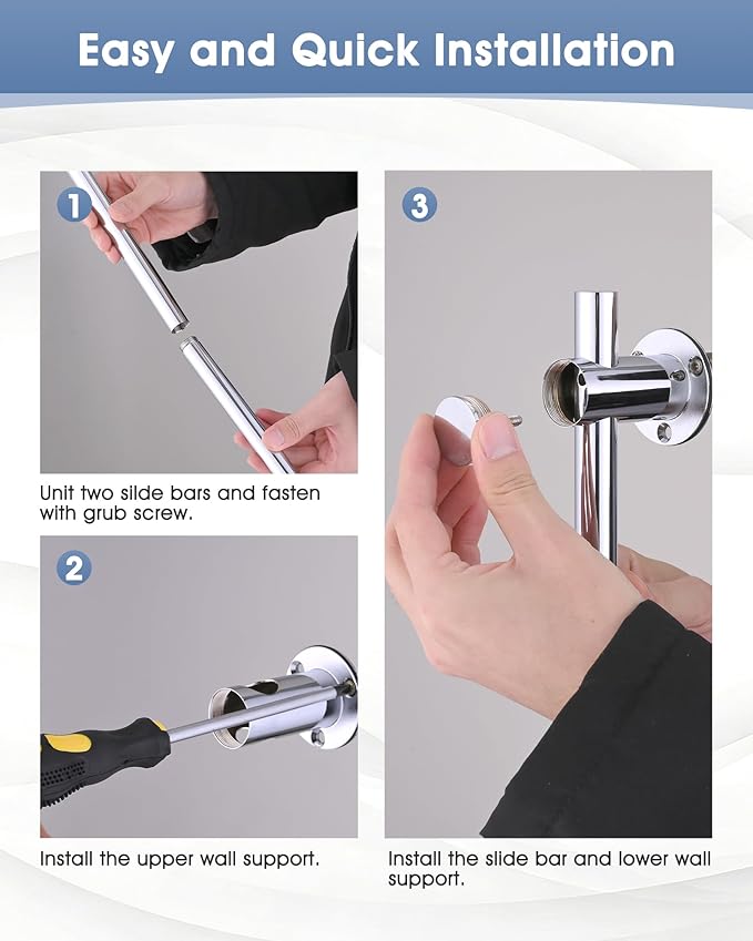 Shower Slide Bar with Adjustable Handheld Shower Head Holder, 25 Inch SUS304 Stainless Steel Shower Rail, Replacement for RV, Camper, Hotel & Bathroom, Polished Chrome