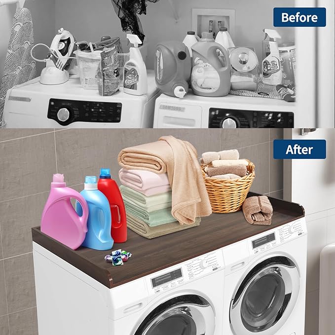 Washer Dryer Countertop with 2.75" h Edge Rails, 54" w x 27.55" d Wooden Laundry Countertop with Non-Slip Pads, Water-Resistant Washer and Dryer Topper for Laundry Room Organization and Storage