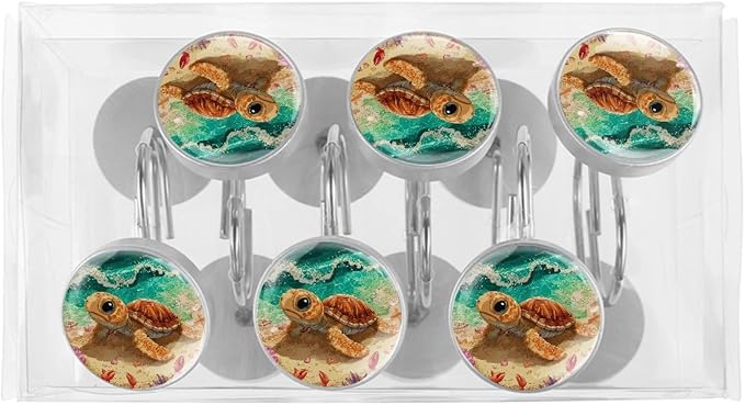 Beach Cartoon Ocean Turtle Shower Curtain Hooks Rings, Stainless Steel Rust Proof Shower Curtain Hooks, Decorative Shower Hooks for Bathroom Shower Rods Curtains, Set of 12