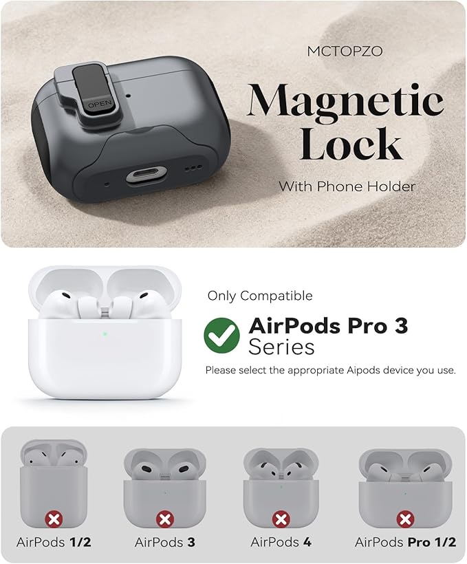 Compatible with AirPods Pro 3 2025 Case with Phone Stand & Cleaning Kit,Magnetic Automatic Lock Design Cover for Air pods Pro 3rd- (Grey)