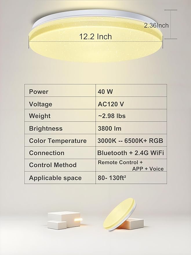 WF-Version LED Ceiling Light with Speaker 40W 12Inch Control via app/Voice/Remote Adjustable Brightness & Color Temperature Ceiling Lamp RGB Ambient Lighting for Bedroom Kids Room and More