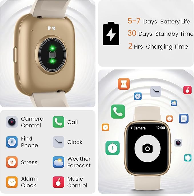 Smart Watch with Alexa Built-in, 1.83" HD Touchscreen Fitness Tracker with Bluetooth Calling, Fitness Watch with Heart Rate/Sleep Monitor/120+ Sports, IP68 Waterproof Smartwatch for Android iOS, Cream