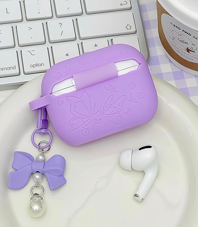 for AirPods Pro 2 Case Cover with Bow Keychain, DamonLight Cute Flower Floral Engraved Silicone Protective Case Cover Compatible with Apple Airpods Pro 2 Case for Women and Girls, Purple