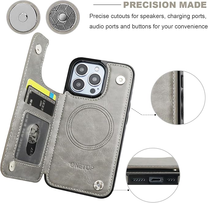 ONETOP Compatible with Magsafe for iPhone 13 Pro Wallet Case with Card Holder, PU Leather Kickstand RFID Blocking Case, Double Magnetic Clasp and Durable Shockproof Cover 6.1 Inch (Grey)