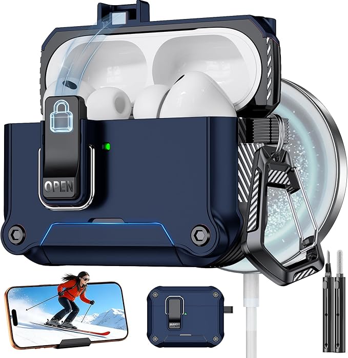 for AirPods Pro 3 Case with Lock,Automatic Snap Switch Design with Phone Stand,Accessories with Cleaning Pen/Keychain/Tool,Compatible with Magsafe(Dark Blue, AirPods Pro 3rd (2025))