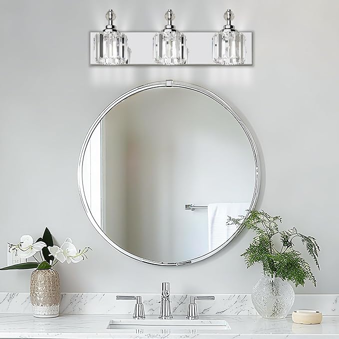 3-Light Bathroom Vanity Light - Crystal Bathroom Lighting Fixtures Over Mirror with 60w(Max) E12 Base, 42pcs Crystal Sheet, Chrome Vanity Lights for Bath Room