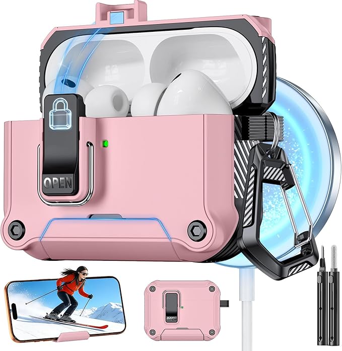 for AirPods Pro 3 Case with Lock,Automatic Snap Switch Design with Phone Stand,Accessories with Cleaning Pen/Keychain/Tool,Compatible with Magsafe (Pink, AirPods Pro 3rd (2025))