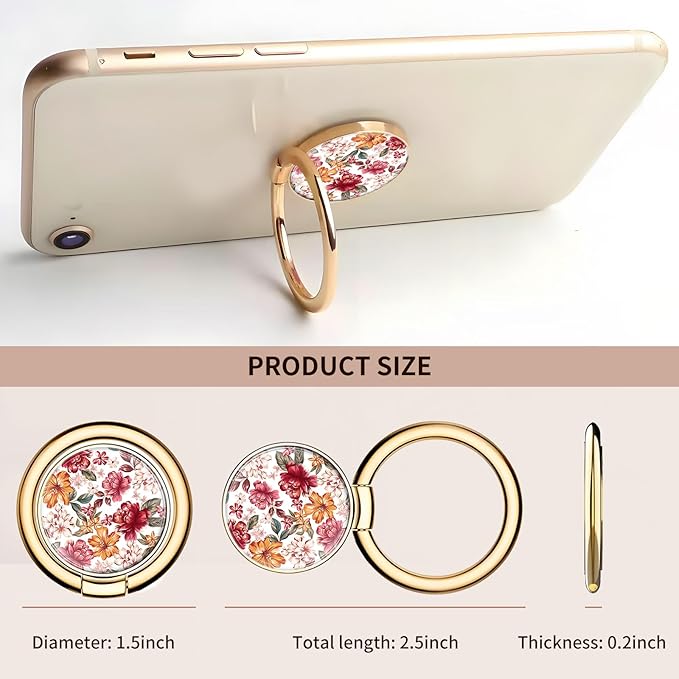 Cell Phone Ring Holder, Cute Metal Phone Grip Stand Finger Ring Kickstand, Flexible 360°Rotation Phone Tablet Case Accessories Compatible with Most Phones Luxury Red Flowers