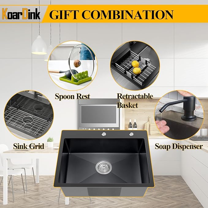 Black Topmount Stainless Steel Bar Sink 25x18x9 Inch Drop In Single Bowl Kitchen Sink With Accessories - Grid, Strainer Basket, Soap Dispenser, Drain Assembly Set For Modern Kitchen
