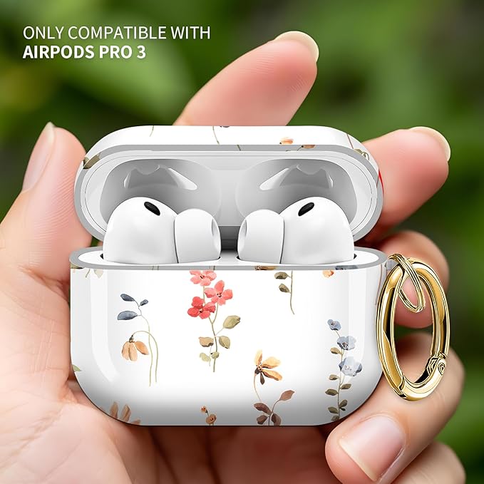 Cute Hard Case Compatible with AirPods Pro 3rd Generation Case (2025), Shockproof Protective Cover with Golden Keychain Ring Clip (Abstract Wildflowers and Plants)
