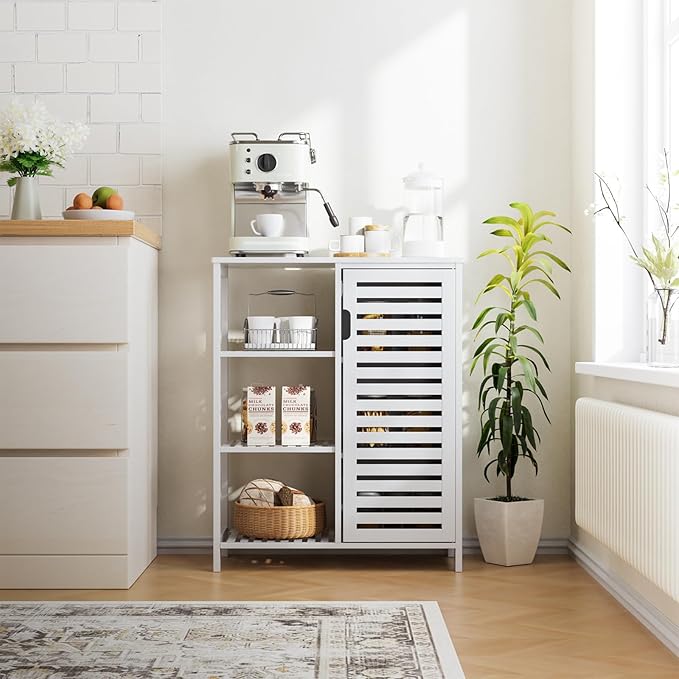 HITNET Bathroom Cabinet Freestanding, Bamboo Floor Cabinet, Side Storage Organizer with Door and 3 Shelves, Living Room Kitchen Cupboard, White