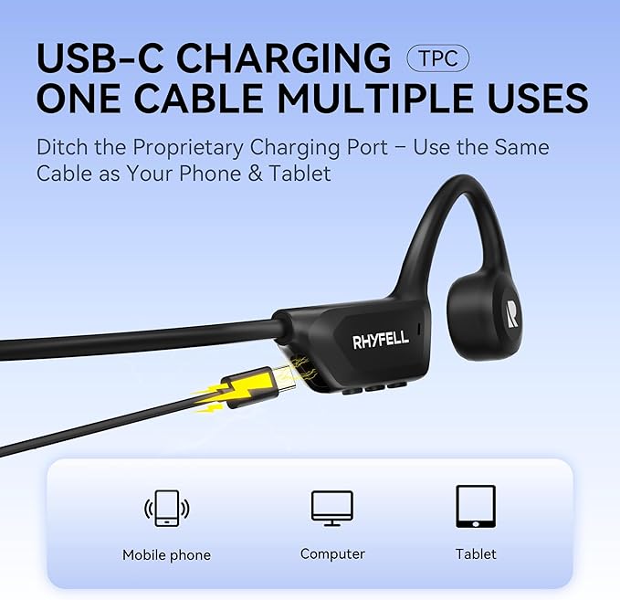 Bone Conduction Headphones, Open-Ear Sports Headphones with Mic, Bluetooth 6.0, 8H Playtime, USB-C Quick Charge, IPX5 Waterproof Sweatproof Earphones for Running, Cycling, Walking