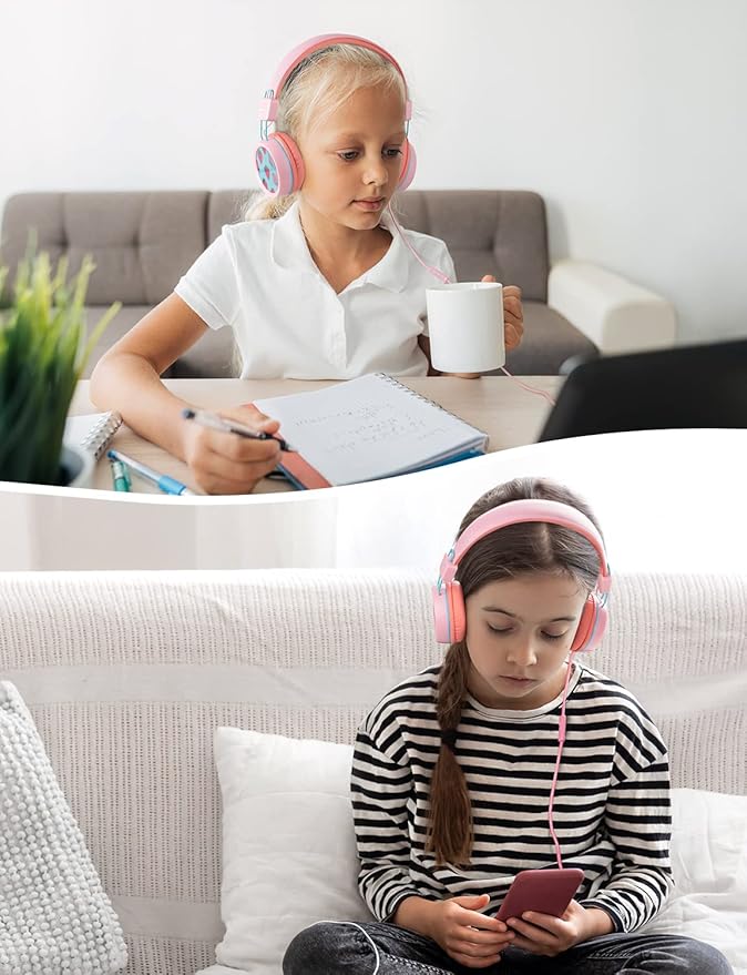 New Bee Kids Headphones Wired for School with Microphone KH20 HD Stereo Safe Volume Limited 85dB/94dB Foldable Lightweight for Girl/Mac/Android/Kindle/Tablet/Pad (Pink)