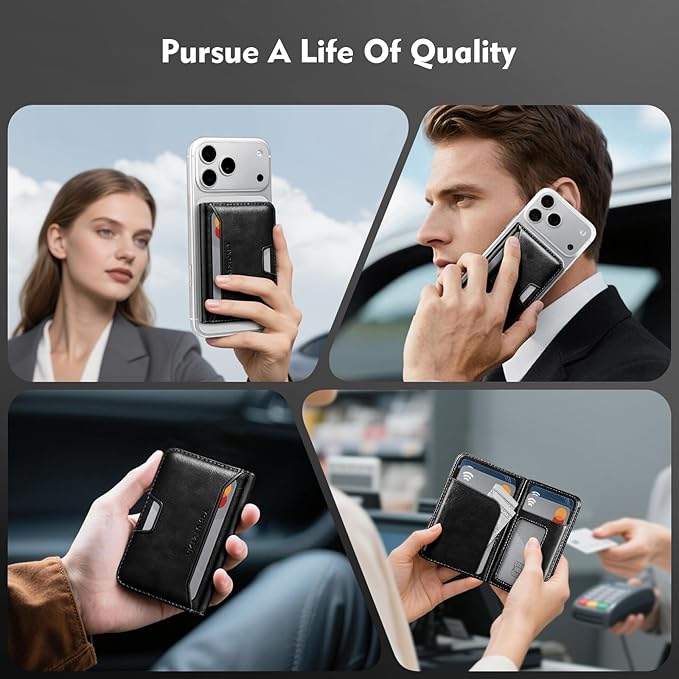 Antsturdy for Magsafe Wallet Stand with Holder,PU Leather RFID Blocking Card Holder,5 Card Slots,Strong Magnet Minimalist Flip Folio Kickstand for iPhone 17/16/15/14/13/12/Pro/Max/Plus/Air,Black