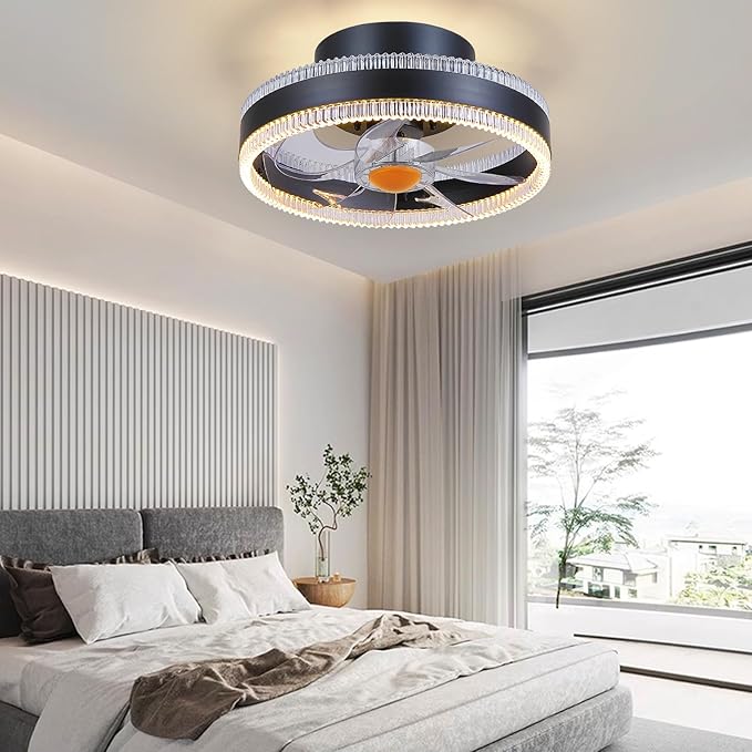 Flush Mount Ceiling Fans with Lights - RGB Low Profile Ceiling Fan,13" Small Dimmable LED Bladeless Ceiling Fans, Modern Enclosed LED-RGB Ambient Light for Bedroom, Kids Room, Party