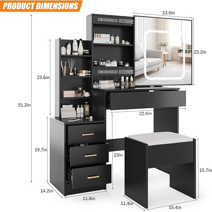 Vanity Desk with Sliding LED Mirror, Makeup Dressing Table with 4 Drawers, Storage Shelves, Power Outlet & Cushioned Stool, Adjustable 3 Lighting Modes, Modern Vanity Set for Bedroom, Black
