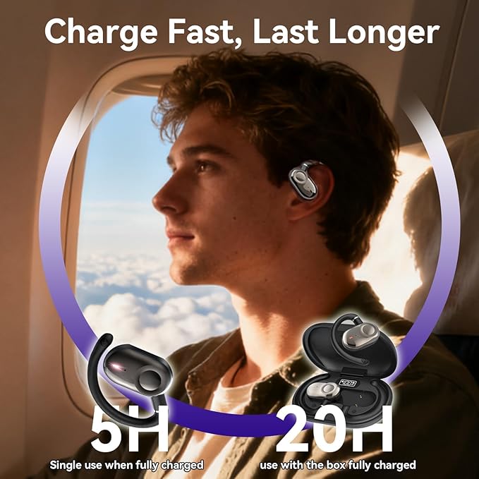 Purple Over Open Ear Earbuds Headphones Bluetooth Wireless Outside Out of Ear Buds Hook for Runners Wrap Around Ears Air Bone Conduction Headsets Workout Sports Eabuds Earphones with Earhooks
