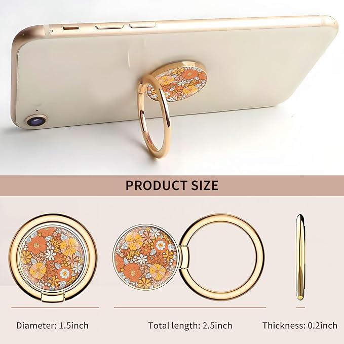 Cell Phone Ring Holder, Cute Metal Phone Grip Stand Finger Ring Kickstand, Flexible 360°Rotation Phone Tablet Case Accessories Compatible with Most Phones Cute Orange Flowers