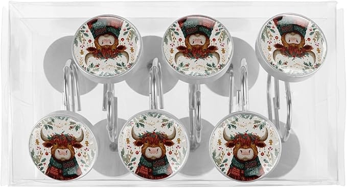 Highland Cows and Leaves Rust Proof Shower Curtain Hooks 12Pcs for Bathroom Shower Rod, Decorative Shower Hooks Shower Curtain Hanger Rings Roller, Glass, Resin, Stainless Steel