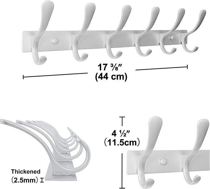SKOLOO Coat Rack Wall Mounted - 6 Hooks, Pack of 2, Heavy Duty, Stainless Steel, Metal Wall Hanger, Sturdy Coat Hooks for Hanging Coats, Jacket, Clothes, Hat, Cold Light Silver