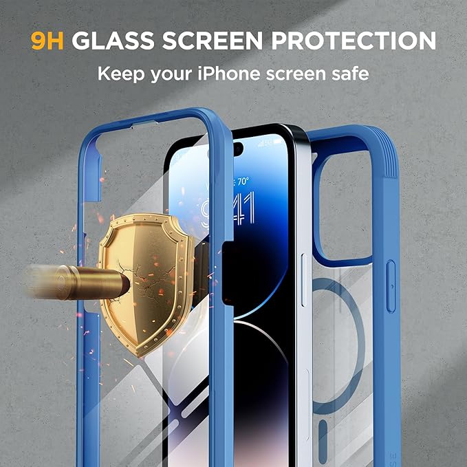 Miracase Magnetic for iPhone 14 Pro Case 6.1 inch, (Compatible with MagSafe) Upgrade Full-Body Clear Phone Bumper Case with Built-in 9H Tempered Glass Screen Protector, Magnetic Capri Blue