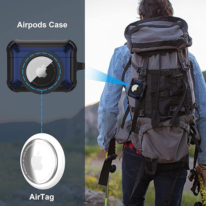 Valkit Compatible Airpods Pro 2/1 Case and AirTags Cover, 2 in 1 Rugged Protective Cases Shockproof Air Pod Pro Cases for Men Women iPod Airpods Pro 2nd/1st Generation Case and Airtag(Black/Blue)