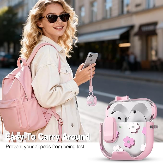 for AirPods 4 Case with Secure Lock Clip in Phone Stand,Floral Girly Style Protective Cover with Cleaning Kit and Hand Strap for Apple AirPod 4 Generation (Pink Petals)