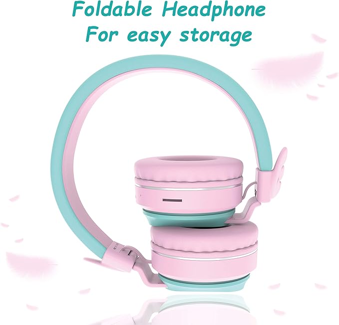 Kids Bluetooth Headphones, Riwbox BT05 Wireless Kids Headphones Over Ear with Volume Limited and Mic/TF Card Compatible for iPad/iPhone/Tablet (Pink&Green)