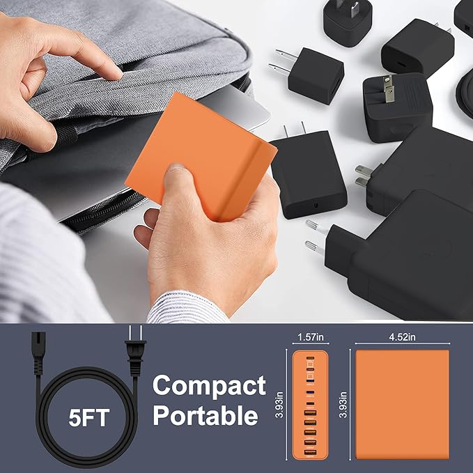420W USB C Charger Block,10-Port Charging Station GaN Fast Charging Type C & USB A Wall Charger Adapter for MacBook Pro/Air,iPhone,iPad,Dell XPS,Samsung Galaxy(Orange)