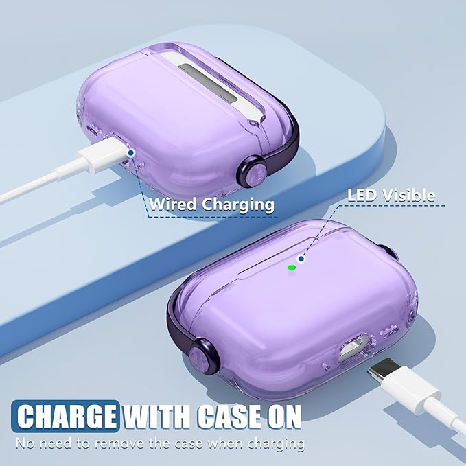 for Airpods Pro 3 Case,Safety Lock Cases for Apple Airpod Pro 3 (2025) with Phone Stand & Cleaner Kit,Drop Protection Air pods Pro3 Case Cover for Men Women with Keychain,Clear Purple