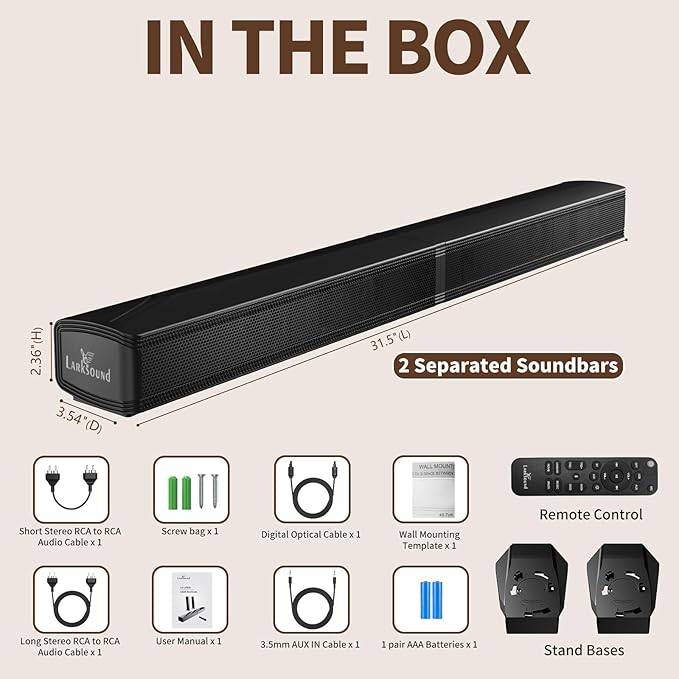 2.2 CH Soundbar for Smart TV, 2-in-1 Detachable Sound Bar for TV, Gaming Monitor, Surround Sound System, Bluetooth 5.3/HDMI-ARC/Optical/AUX Connections