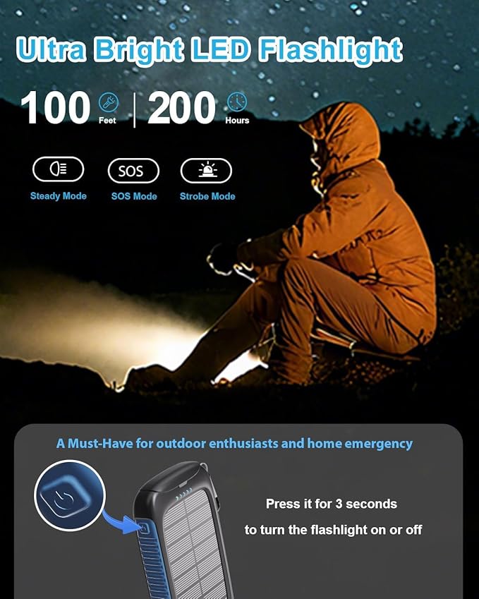 Solar Power Bank Portable Charger 15W Fast Charging with USB-A and USB-C Ports Battery Bank Compatible with iPhone, Samsung, Waterproof, Emergency LED Flashlights for Camping, Hiking, Blue