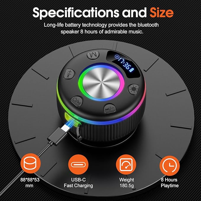 Bluetooth Shower Speaker, IP7 Waterproof Portable Bluetooth 5.3 Speakers with Suction Cup, Mini Wireless Speaker with RGB Lights Time Display, Loud Stereo Sound for Bathroom Beach Travel Outdoor Party