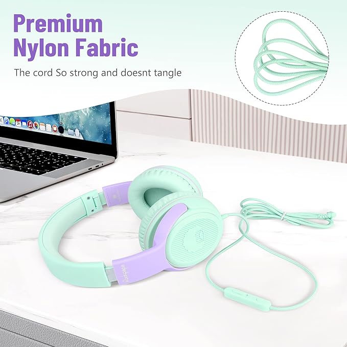 rockpapa Share 1 Kids Headphones Wired with Microphone & Share Port, 85dB/94dB Volume Limited, Cute Foldable Student Child Boys Girls Headphones for School/Classroom/Travel Green/Purple