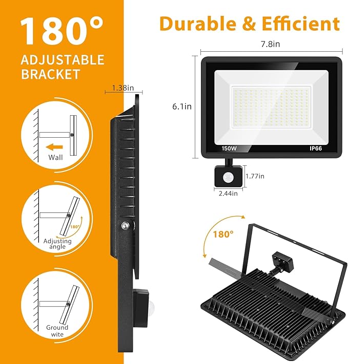 2 Pack 150W LED Motion Sensor Flood Light, 5000K Daylight, IP66 Waterproof, 17000 Lumens, Outdoor Security Dusk to Dawn Light for Garage, Front Porch, Barn