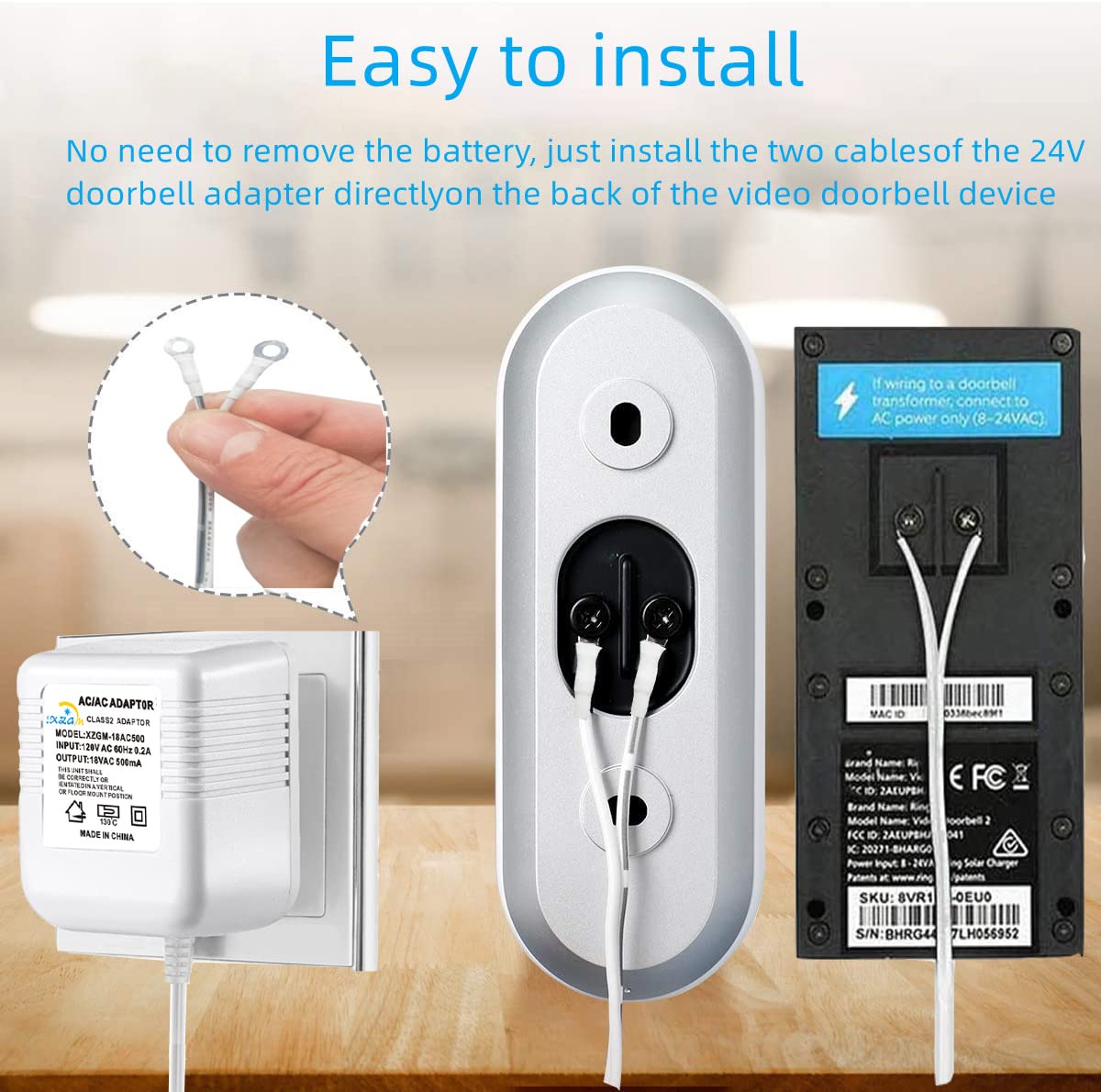Video doorbell Special Power Transformer, 18V500MA Ring doorbell Power Adapter, Compatible with Ring, Nest, Eufy, Wyze, Arlo Wireless Video doorbell (with 315in Cable White)