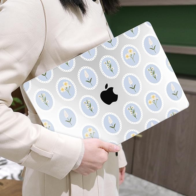 MEEgoodo for MacBook Air 13.3 inch Case 2021 2020 2019 2018 A2337 M1 A2179 A1932, Laptop Shell for MacBook Air M1 with Keyboard Webcam Cover & Trackpad Film & Type C Adapter,Spring Floral &Round Frame