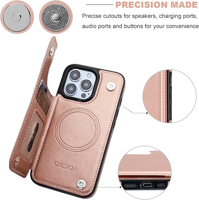 ONETOP Compatible with Magsafe for iPhone 13 Pro Wallet Case with Card Holder, PU Leather Kickstand RFID Blocking Case, Double Magnetic Clasp and Durable Shockproof Cover 6.1 Inch (Rose Gold)