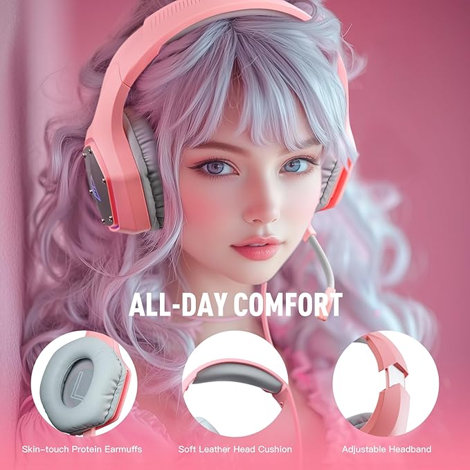 EKSA E1000 V2 Gaming Headset, PC Headset with USB C Plug, Wired Headphones with Noise Canceling Microphone, 7.1 Surround Sound, RGB Light, include USB Adapter for Computer,Mac, PS4/PS5 Console, Laptop