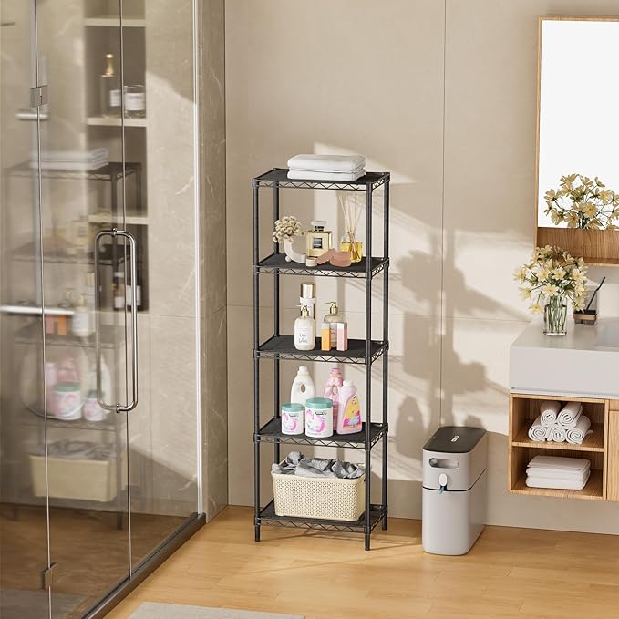 SINGAYE Metal Shelves Wire Shelving:Storage Rack Standing Units Shelf for Kitchen Laundry Bathroom Closet Organizers Pantry Narrow Mesh Adjustable 10" D x 16" W x 55" H Black