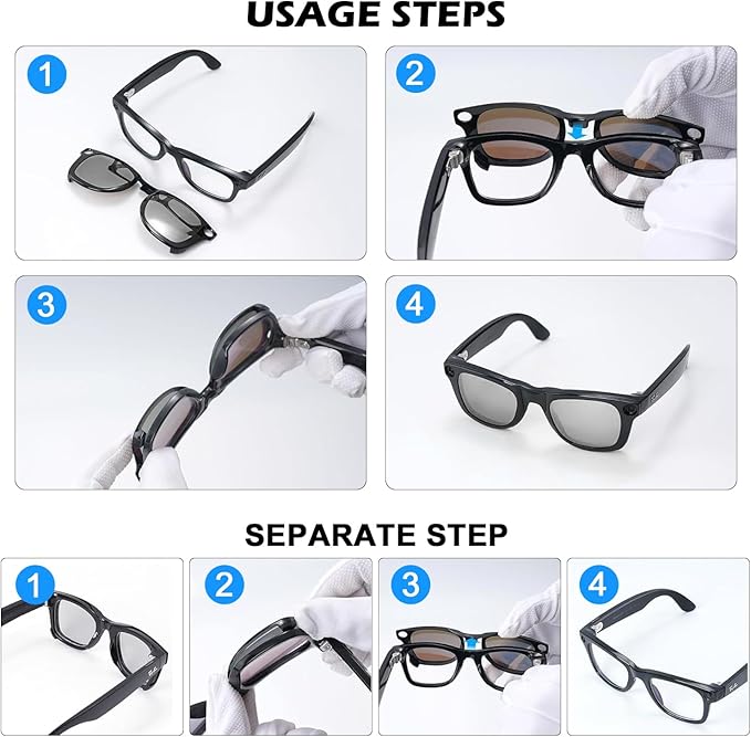 2Pcs Polarized Clip for Ray-Ban Meta Wayfarer & Gen 2 (RW4006/RW4012, M Size, 50-22), Discoloration Clip for Meta Wayfarer Gen 2 UV Protection, Smart Glasses Color Changing Clip Set (Black Gray+Blue)