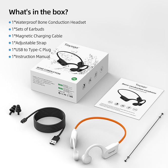 Tayogo 32GB Waterproof MP3 Player for Swimming Laps | IPX8 Bone Conduction Swimming Headphones | Open-Ear Underwater Headset with 8-Hour Playtime