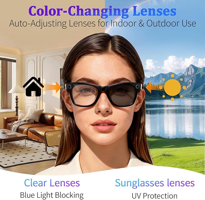 AI Smart Glasses with 8MP Camera, 4K Video & HD Photo, Bluetooth Audio, AI Voice Assistant, Real-Time Translation, Object Recognition, Noise-Cancel Calls, Photochromic +2 Sunglasses Lenses