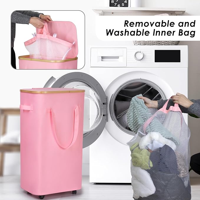 WELTRXE Laundry Hamper on Wheels 110L Large Clothes Basket with Lid and Extended Handles, Foldable Laundry Hamper for Bedroom, Bathroom, Dorm, Laundry Room, Pink Rolling Laundry Basket with Wash Bag
