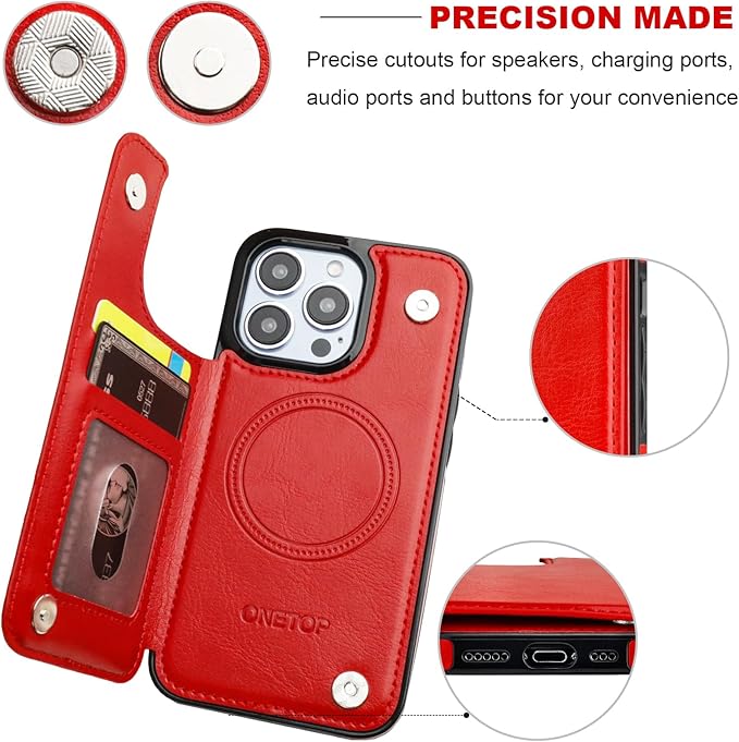 ONETOP Compatible with Magsafe for iPhone 13 Pro Wallet Case with Card Holder, PU Leather Kickstand RFID Blocking Case, Double Magnetic Clasp and Durable Shockproof Cover 6.1 Inch (Red)
