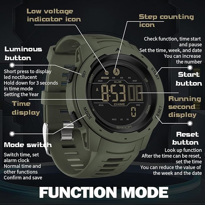 findtime Men's Digital Watch Waterproof Pedometer Watches Sport Watch Step Counter Calorie Military Watch with Stopwatch Alarm LED Backlight Countdown