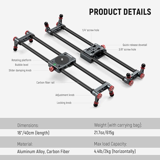 NEEWER 16in/40cm Carbon Fiber Camera Slider with 360° Ball Head/Phone Clamp/Action Camera Mount, Dolly Rail Track with 4 Bearings & Adjustable Legs, Compatible with GoPro Insta360 iPhone Android, CS1M