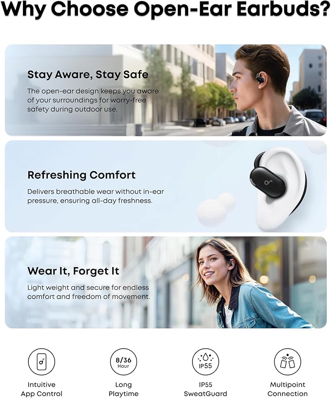Soundcore V20i by Anker Open-Ear Headphones, Adjustable Ear Hooks, Ultra-Comfort, Snug Fit, Powerful Sound, Clear Calls, IP55, 36H Playtime, Bluetooth 5.4 Wireless Earbuds, Multipoint Connection