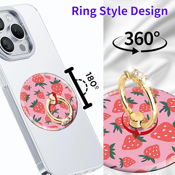 Magnetic Phone Ring Holder Compatible with MagSafe, Cute Phone Grip Stand with 360° Rotation Gold Glitter Finger Ring Kickstand Accessories for Most Phones Pink Red Strawberry